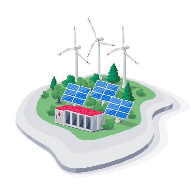 Graphic with PV, wind and batteries on an island